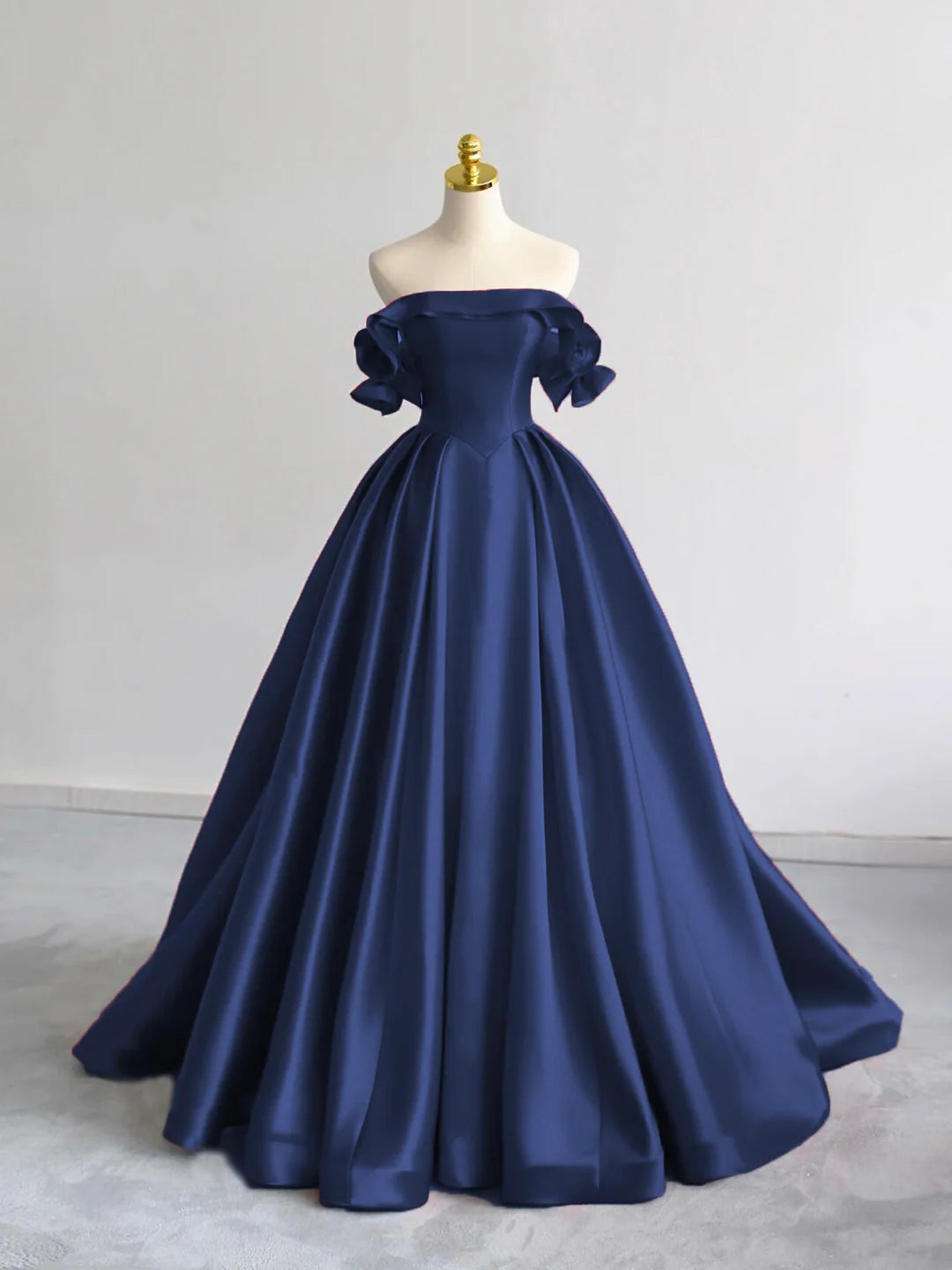 A-Line Off Shoulder Satin Dark Blue Long Prom Dress Dark Blue Long Formal Dress