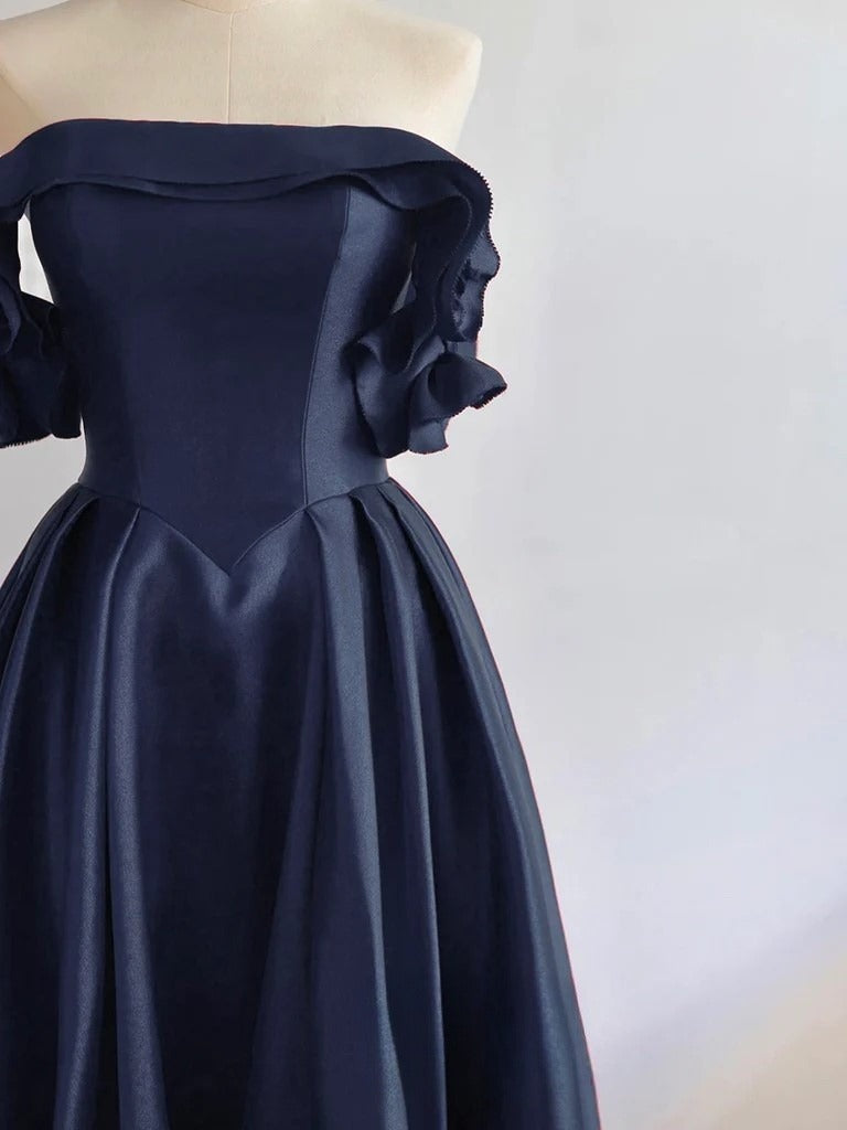 A-Line Off Shoulder Satin Dark Blue Long Prom Dress Dark Blue Long Formal Dress