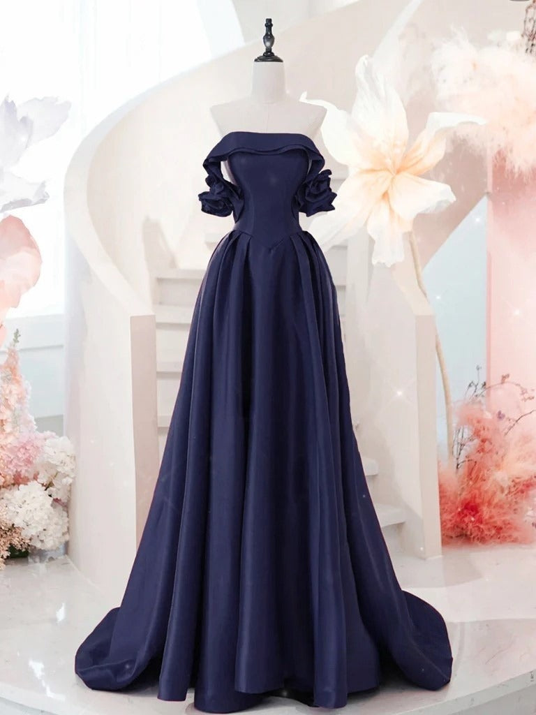 A-Line Off Shoulder Satin Dark Blue Long Prom Dress Dark Blue Long Formal Dress