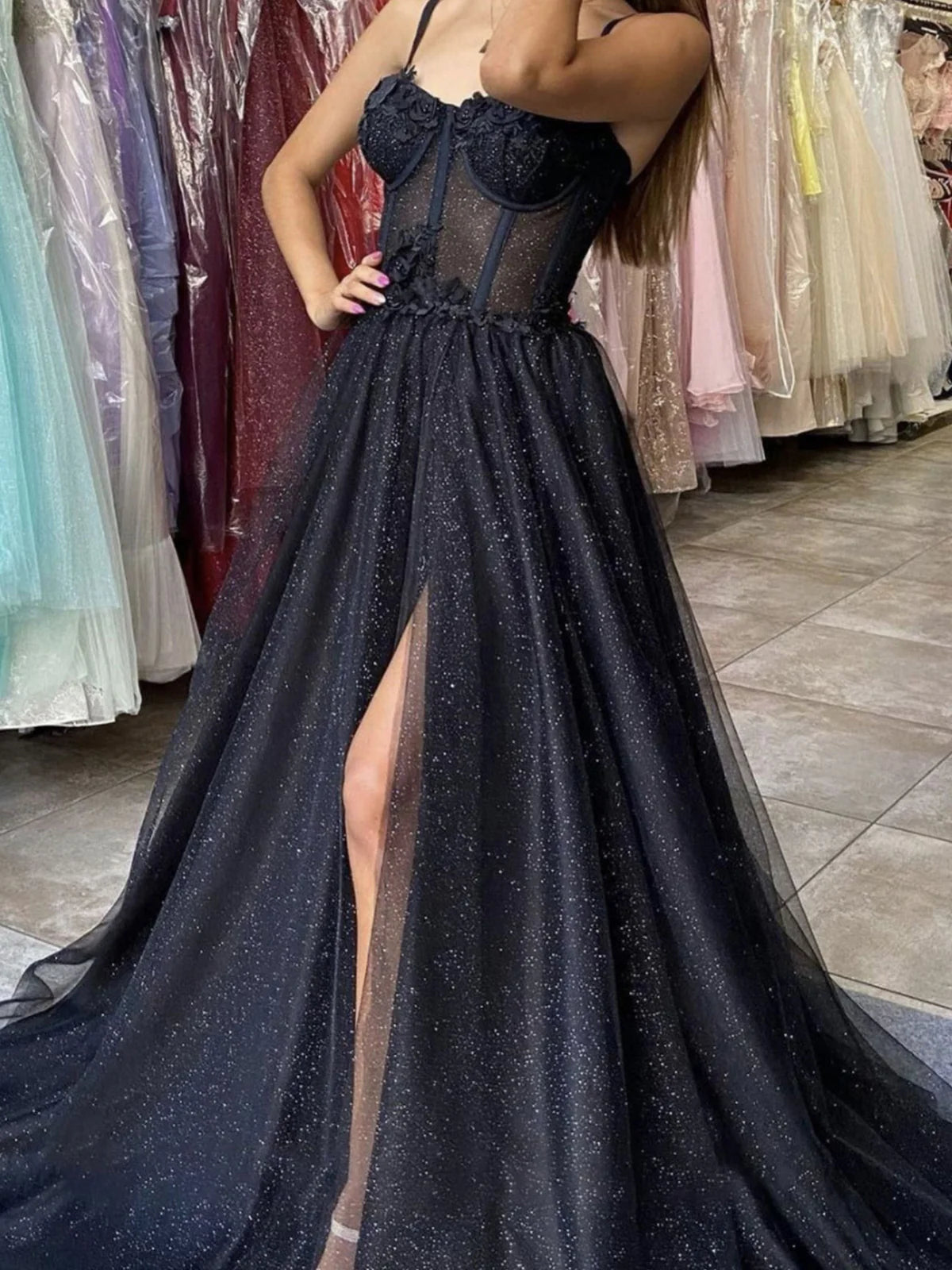 Black tulle sequin long prom dress black tulle evening dress