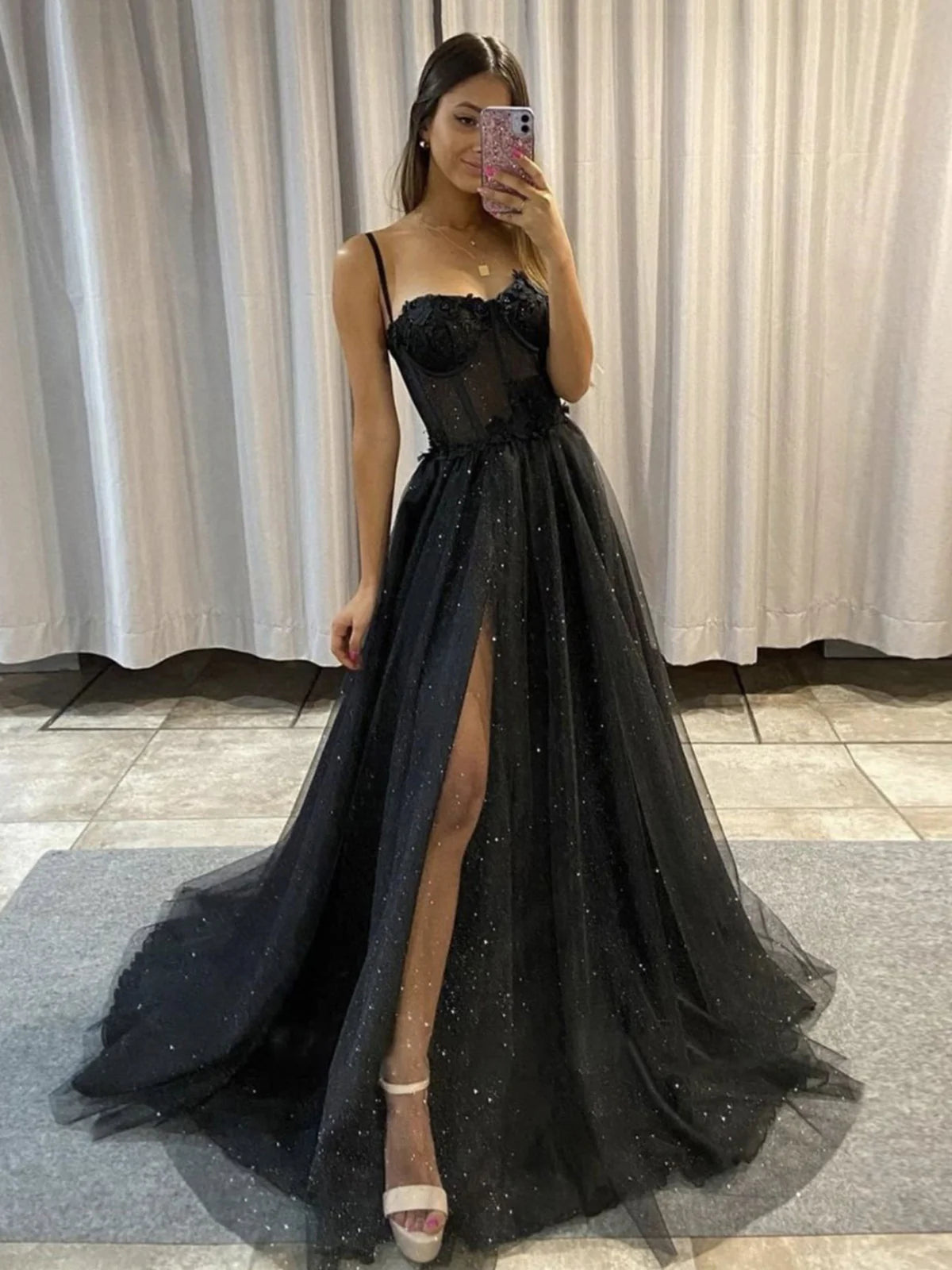Black tulle sequin long prom dress black tulle evening dress