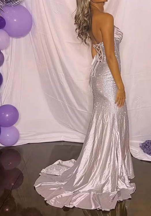 Mermaid Silver Strapless Beaded Long Prom Dress with Slit