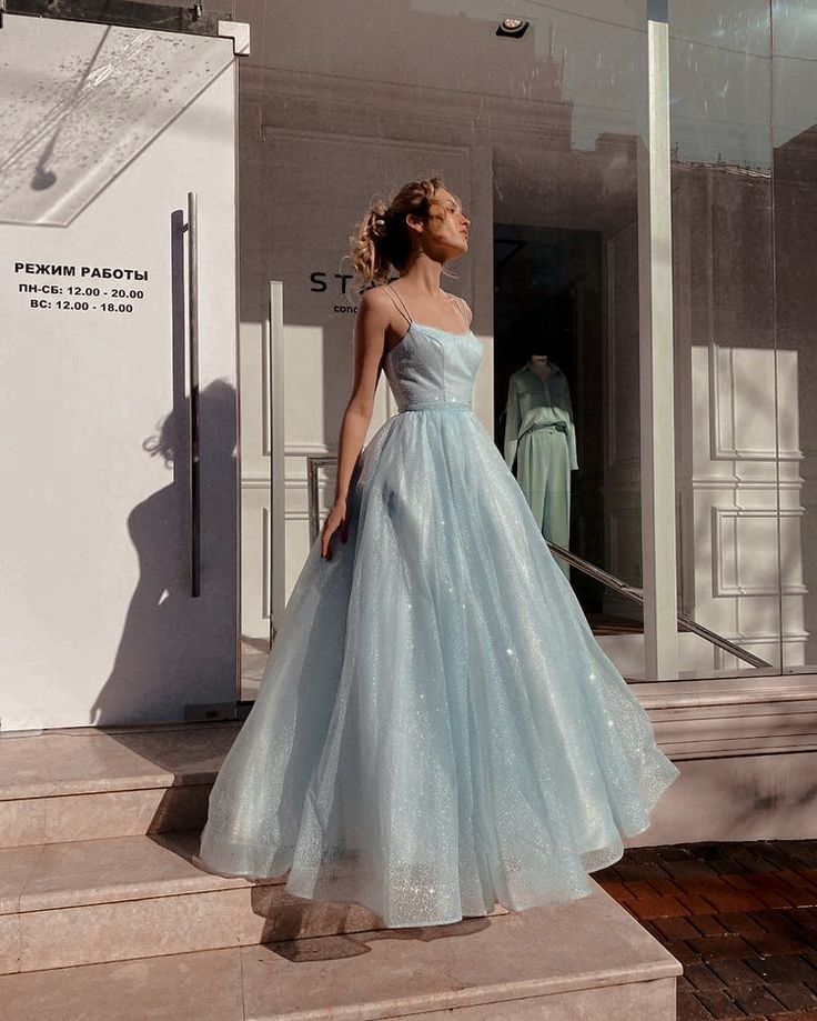 Sky blue A-line spaghetti strap tulle simple long prom dress