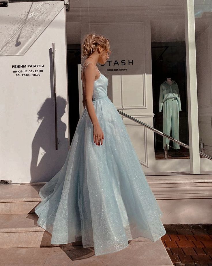 Sky blue A-line spaghetti strap tulle simple long prom dress