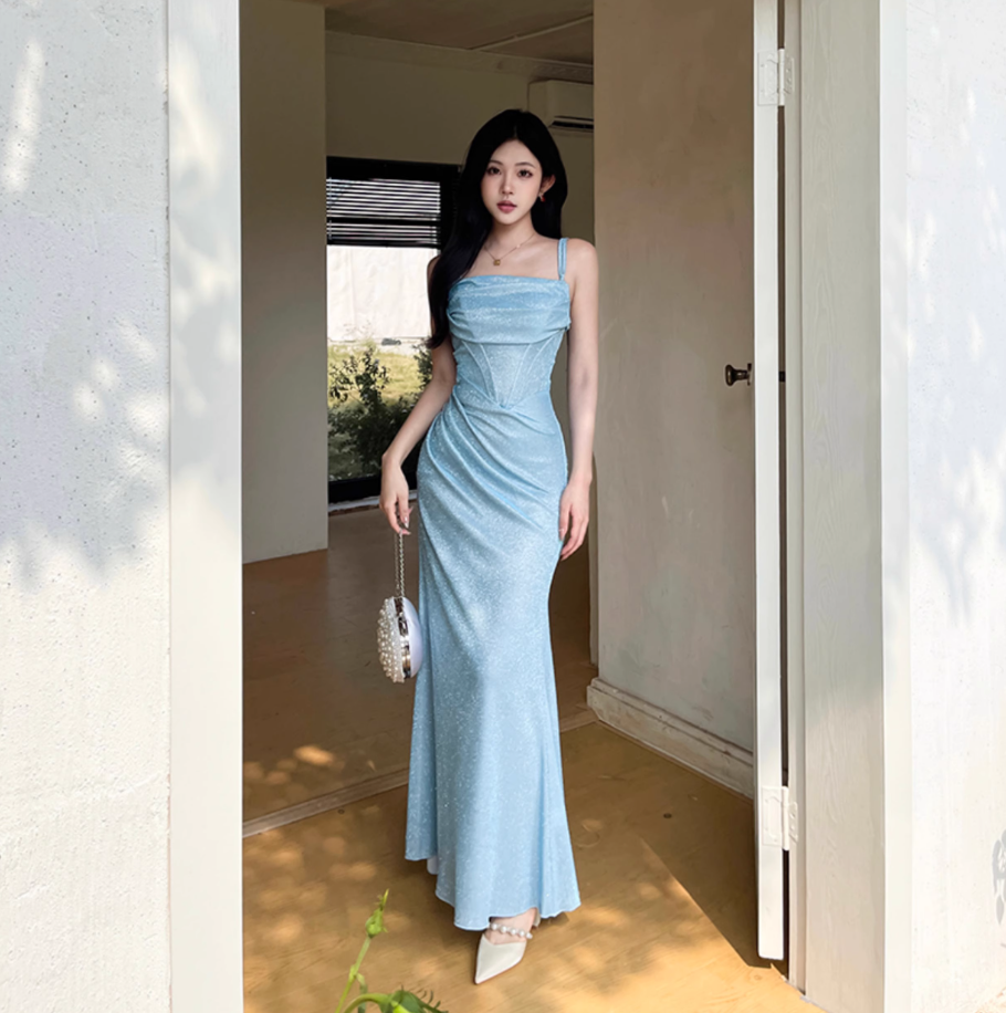 Blue Mermaid Spaghetti Strap Simple Long Prom Dress