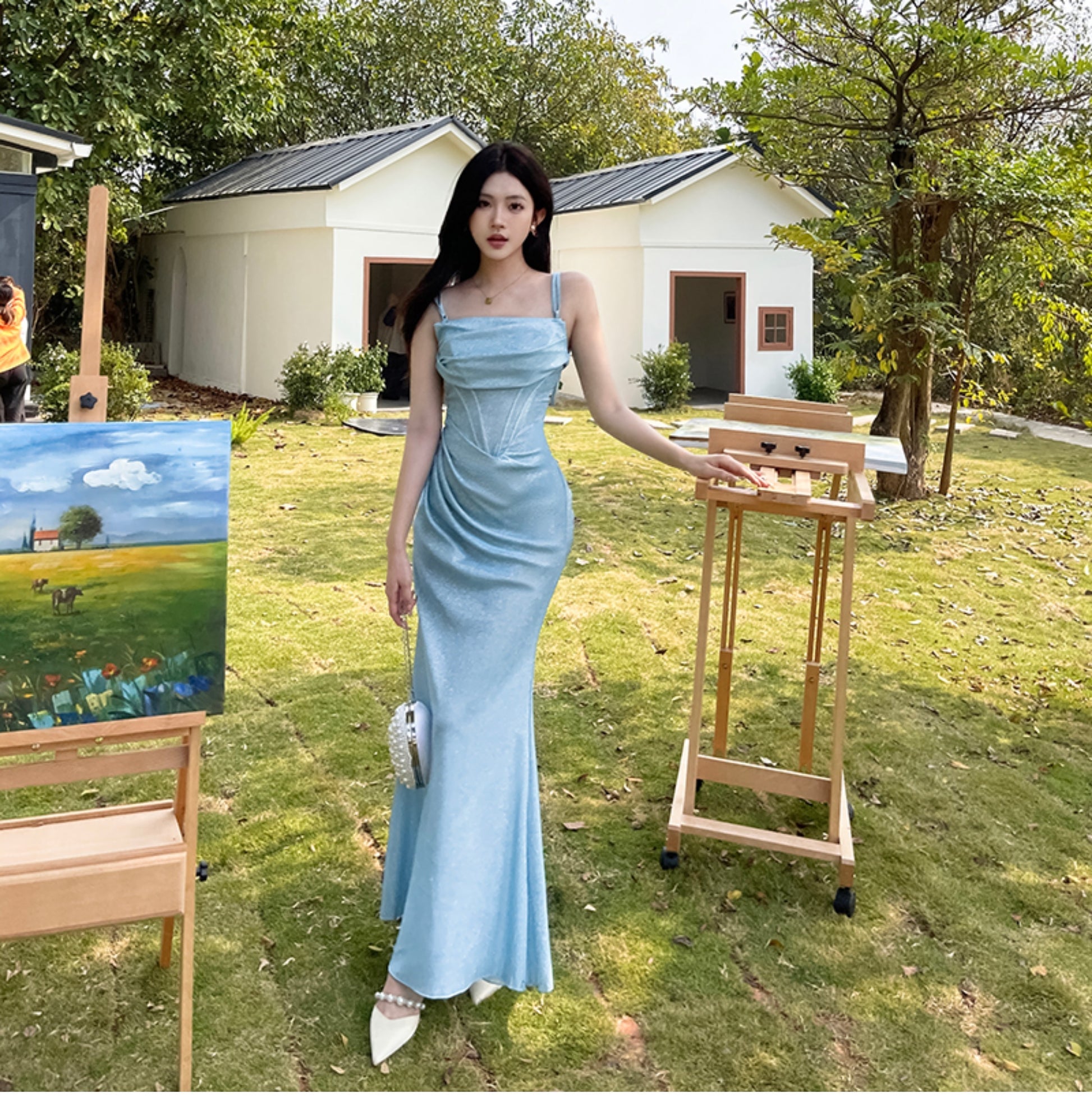 Blue Mermaid Spaghetti Strap Simple Long Prom Dress