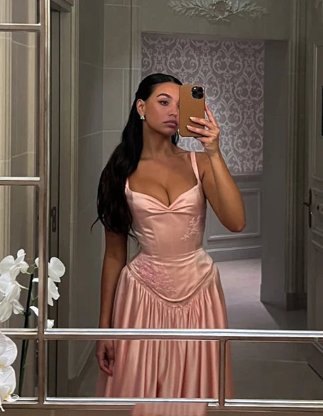 Elegant Spaghetti Straps Floor-length Satin Long Pink Evening Dress Prom Dress