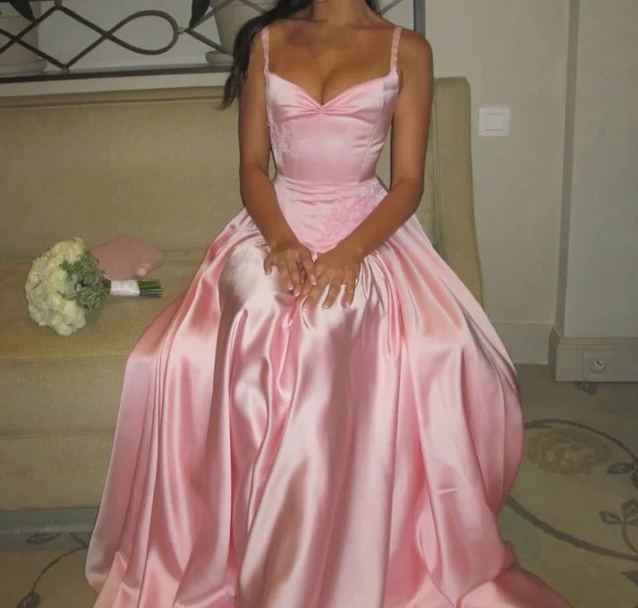 Elegant Spaghetti Straps Floor-length Satin Long Pink Evening Dress Prom Dress