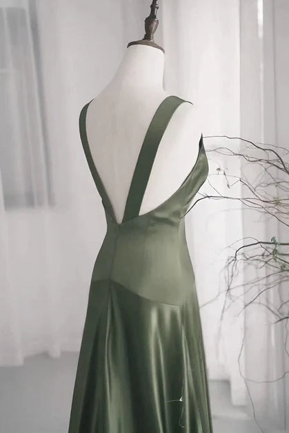Charming A-Line Dark Green Satin V-Neckline Low Back Prom Dress Dark Green Formal Dress