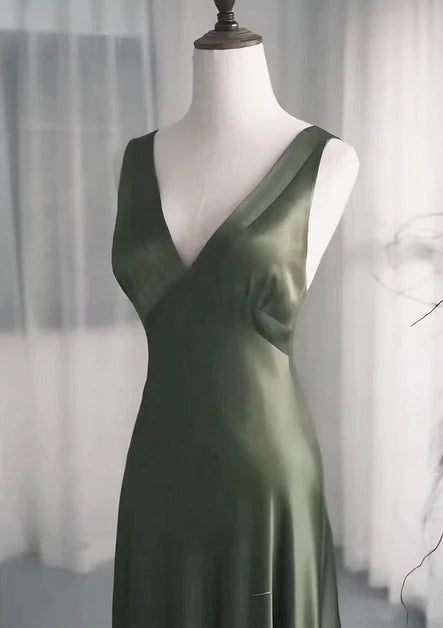 Charming A-Line Dark Green Satin V-Neckline Low Back Prom Dress Dark Green Formal Dress
