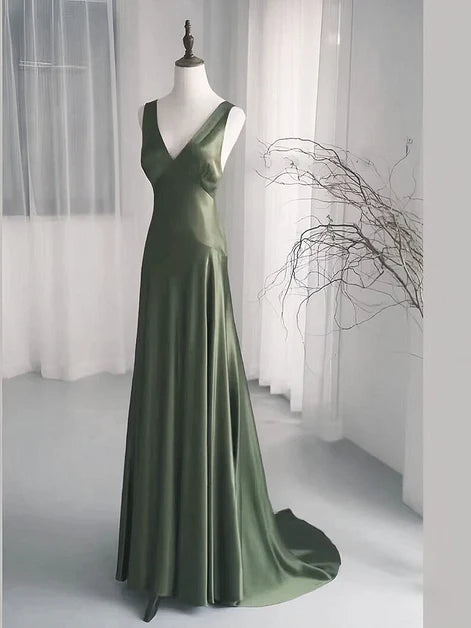 Charming A-Line Dark Green Satin V-Neckline Low Back Prom Dress Dark Green Formal Dress