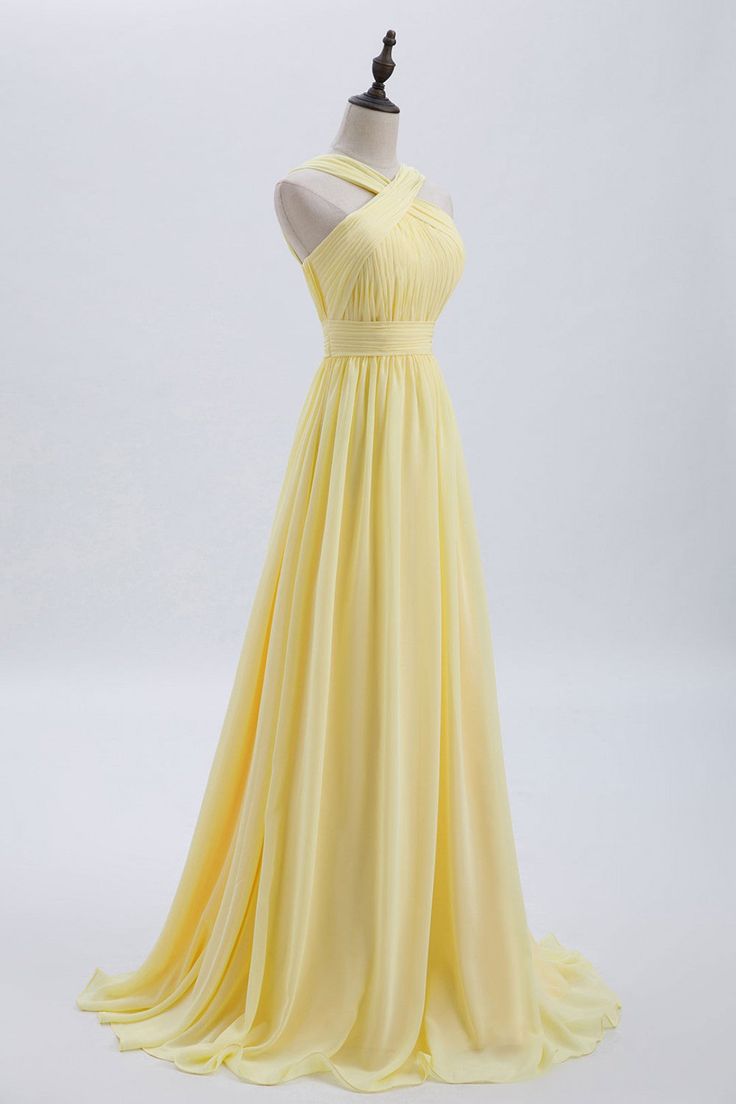Cross Front Pale Yellow Pleated Chiffon Long Bridesmaid Dress Long Prom Dress