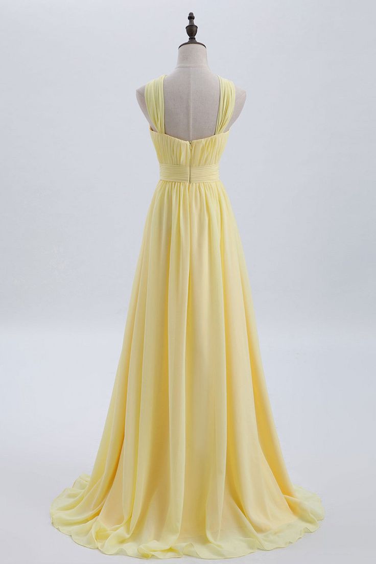 Cross Front Pale Yellow Pleated Chiffon Long Bridesmaid Dress Long Prom Dress