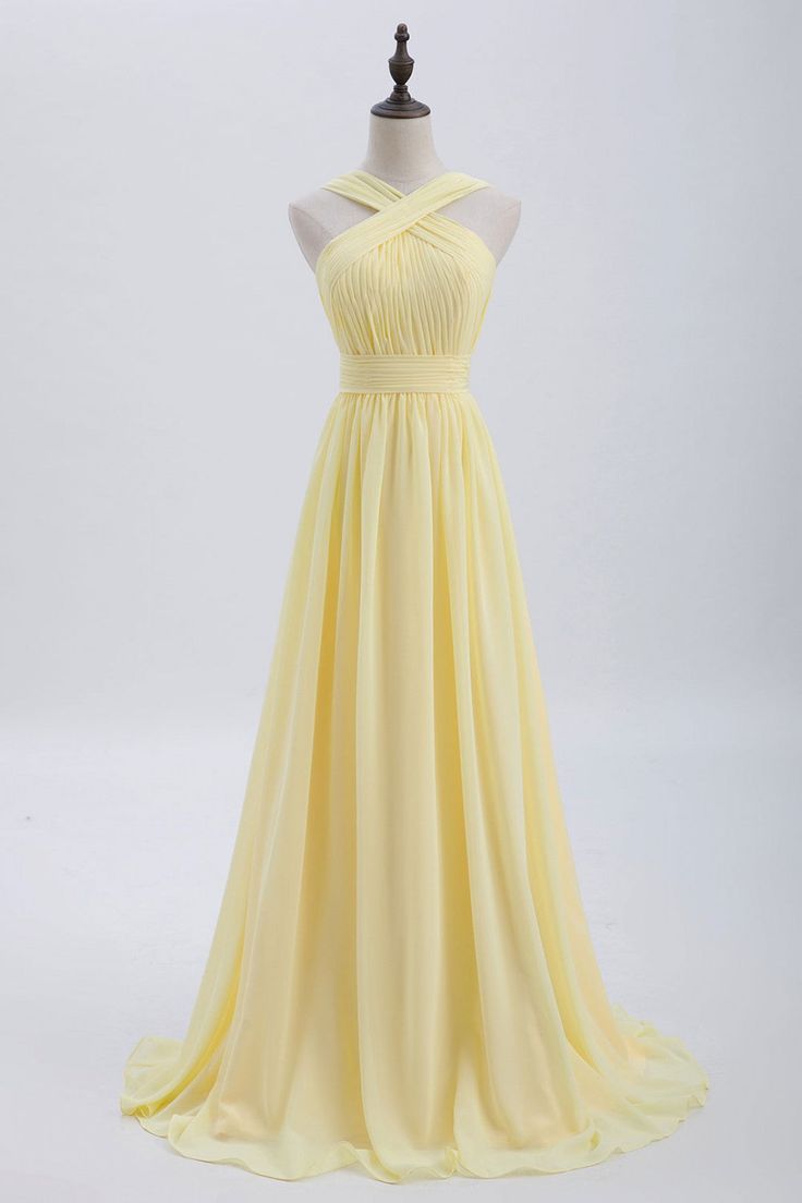 Cross Front Pale Yellow Pleated Chiffon Long Bridesmaid Dress Long Prom Dress