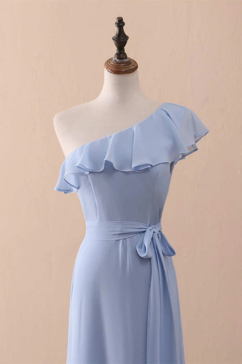 One-Shoulder Ruffled Chiffon Long Bridesmaid Dress Prom Dress