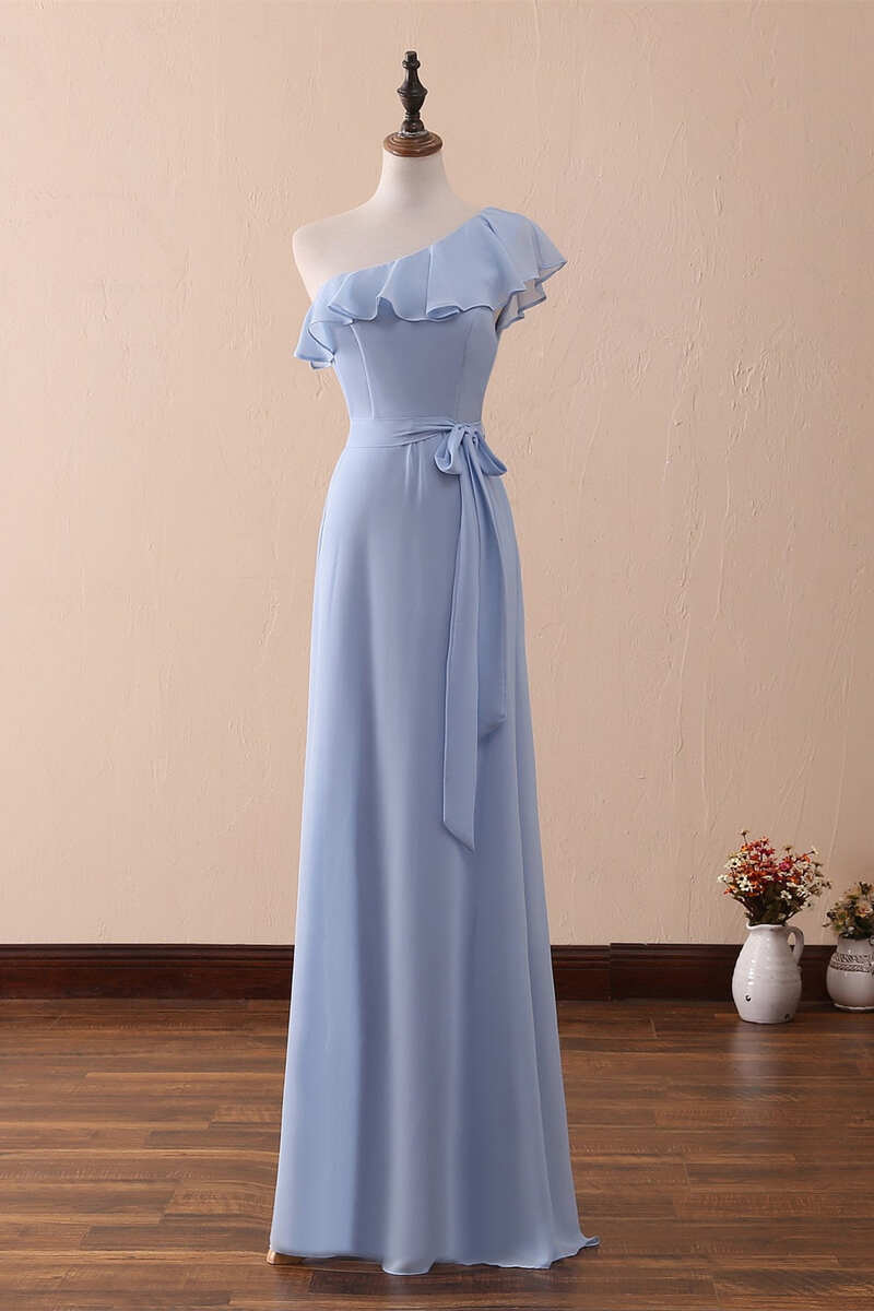 One-Shoulder Ruffled Chiffon Long Bridesmaid Dress Prom Dress