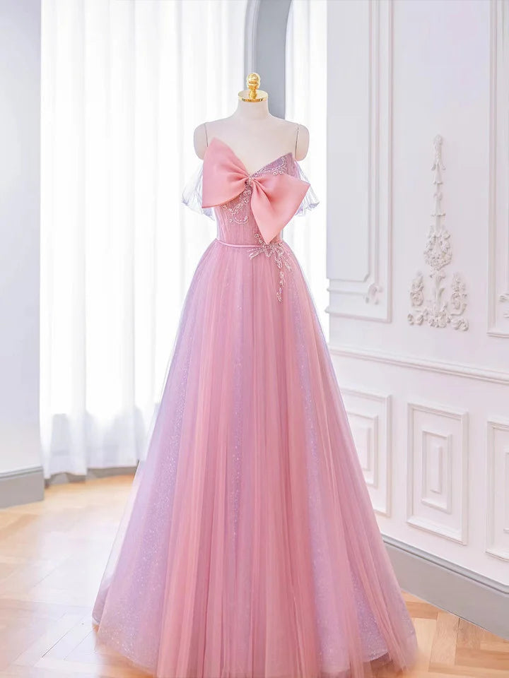 Lovely A-line Pink Tulle Long Prom Dress with Bow Pink Formal Dresses