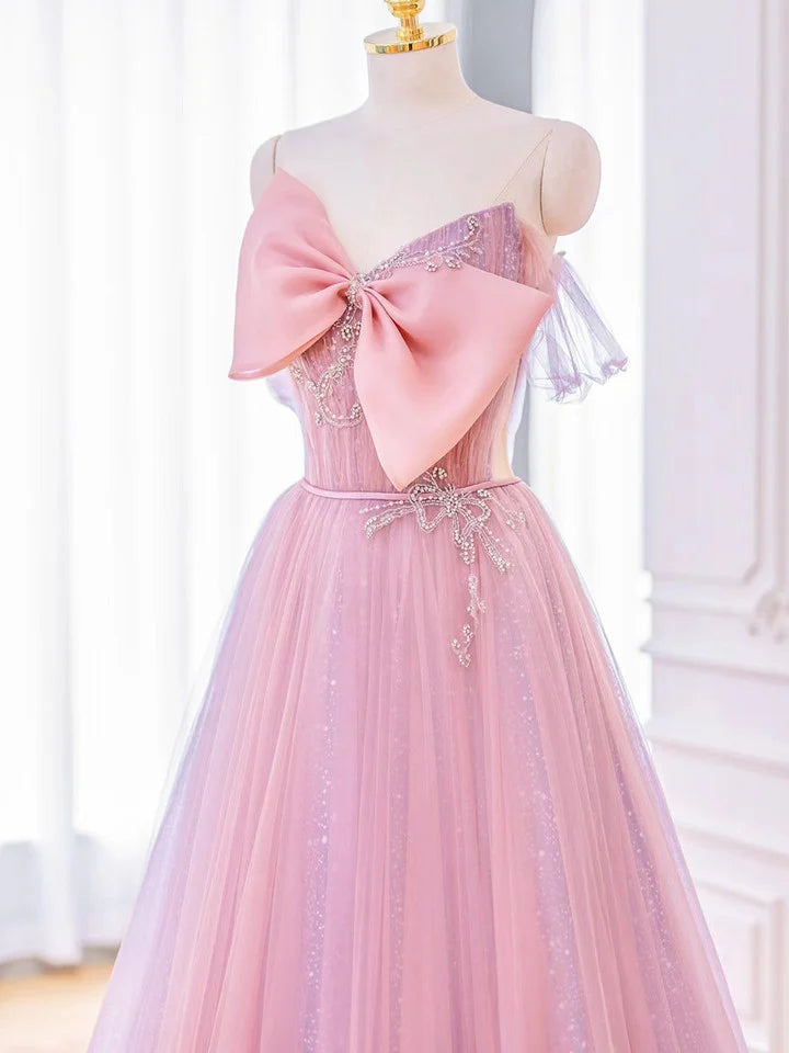 Lovely A-line Pink Tulle Long Prom Dress with Bow Pink Formal Dresses