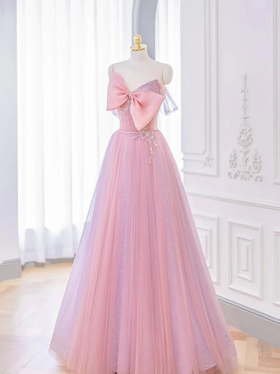 Lovely A-line Pink Tulle Long Prom Dress with Bow Pink Formal Dresses