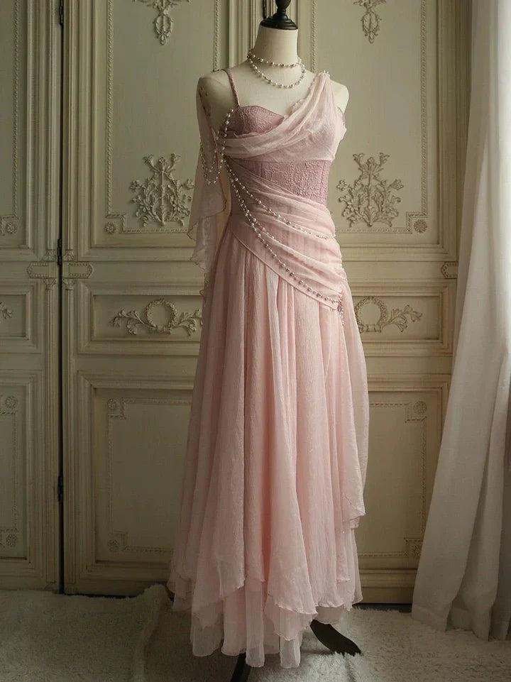 Prom Dresses Under Lovely Pink Chiffon Prom Dress Princess Pearls Spaghetti Straps Evening Dresses