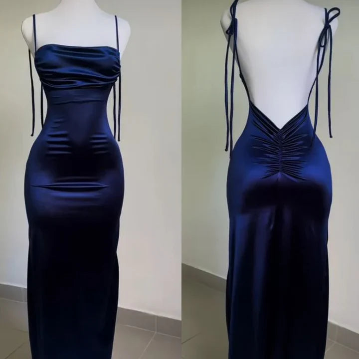 Navy Blue Spaghetti Strap Bodycon Satin Elegant Prom Dresses Backless Party Dresses