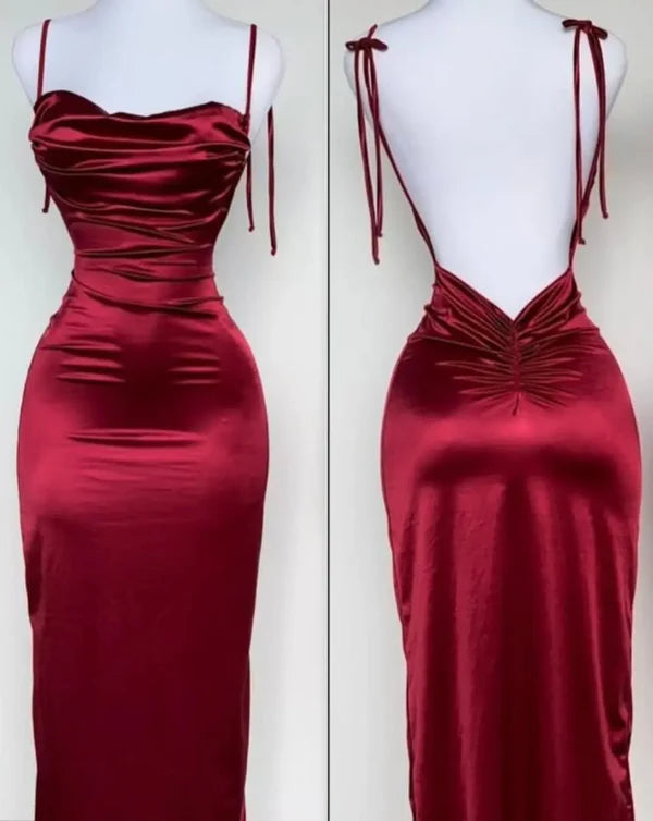 Navy Blue Spaghetti Strap Bodycon Satin Elegant Prom Dresses Backless Party Dresses