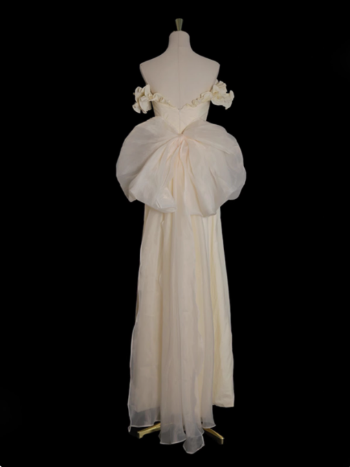 Light Yellow A-line Satin Off-shoulder Tulle Long Prom Dress Graduation Prom Dress Wedding Dress