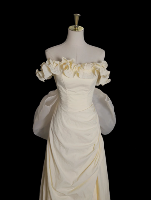 Light Yellow A-line Satin Off-shoulder Tulle Long Prom Dress Graduation Prom Dress Wedding Dress