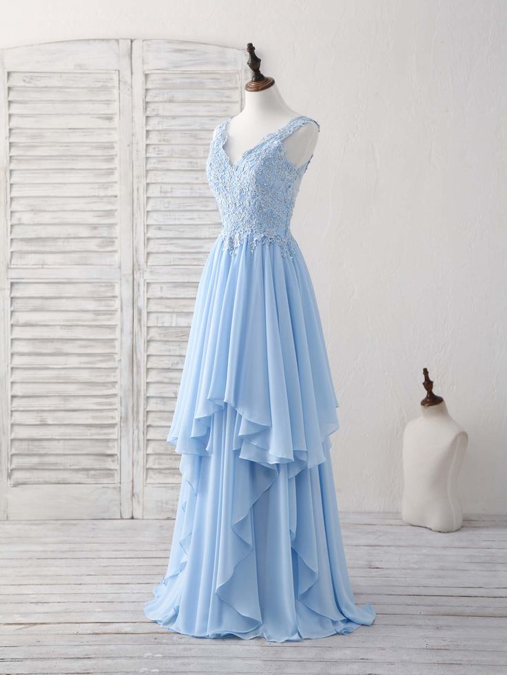 Sky Blue A-line V Neck Applique Chiffon Long Prom Dress Lace Spaghetti Strap Bridesmaid Dress