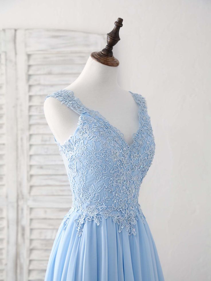 Sky Blue A-line V Neck Applique Chiffon Long Prom Dress Lace Spaghetti Strap Bridesmaid Dress