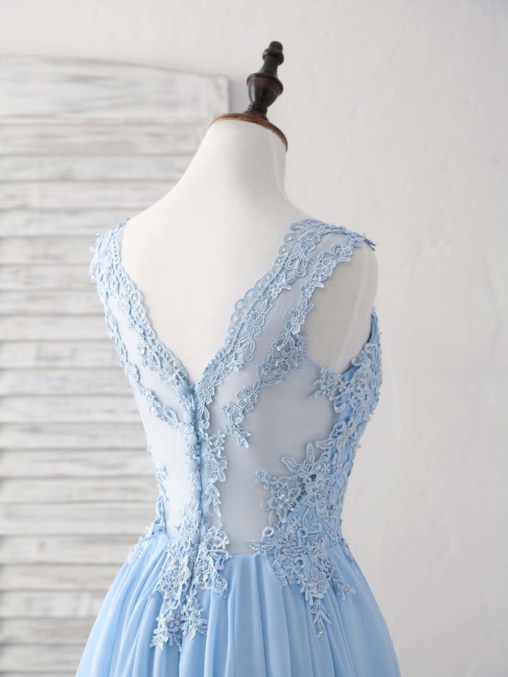 Sky Blue A-line V Neck Applique Chiffon Long Prom Dress Lace Spaghetti Strap Bridesmaid Dress