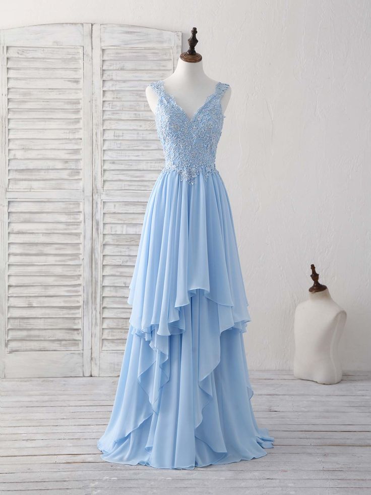 Sky Blue A-line V Neck Applique Chiffon Long Prom Dress Lace Spaghetti Strap Bridesmaid Dress
