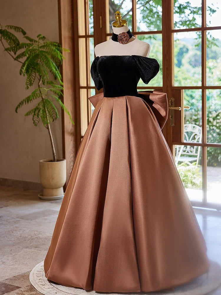 A-Line Off Shouder Satin Brown Long Prom Dress Brown Long Formal Dress