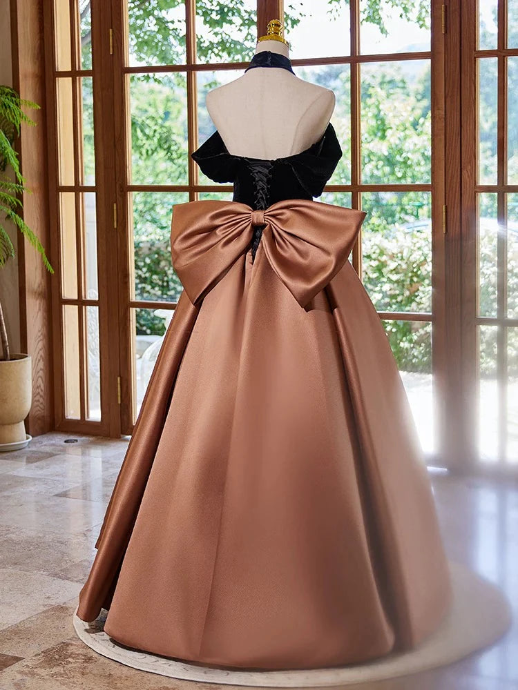 A-Line Off Shouder Satin Brown Long Prom Dress Brown Long Formal Dress