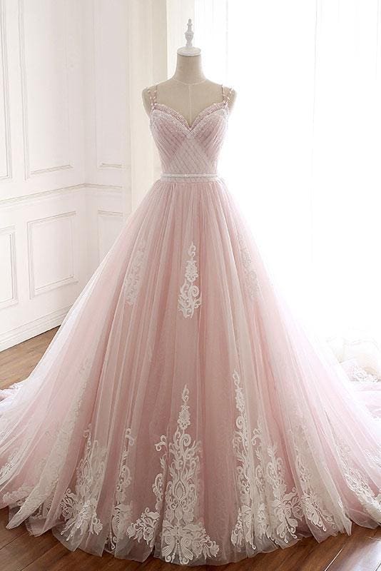 Pink A Line Spaghetti Strap Tulle Beaded Long Prom Dress Sweet Applique Wedding Dress