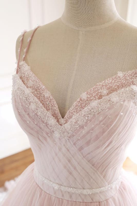Pink A Line Spaghetti Strap Tulle Beaded Long Prom Dress Sweet Applique Wedding Dress