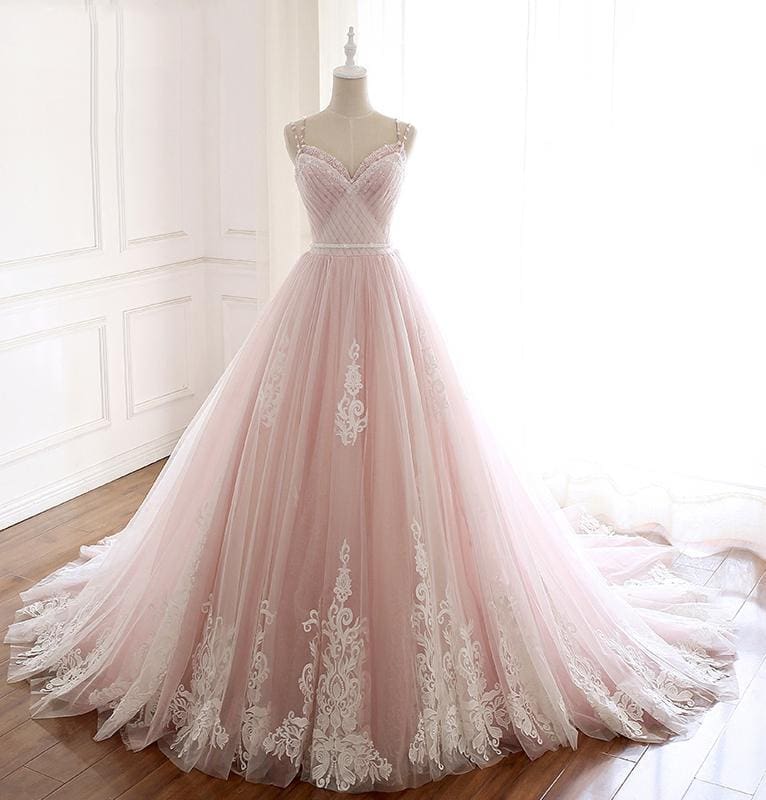 Pink A Line Spaghetti Strap Tulle Beaded Long Prom Dress Sweet Applique Wedding Dress