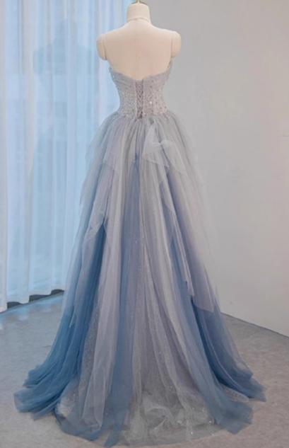 A-Line Sweetheart Neck Sequined Tulle Long Prom Dress Birthday Dress Graduation Prom Dress