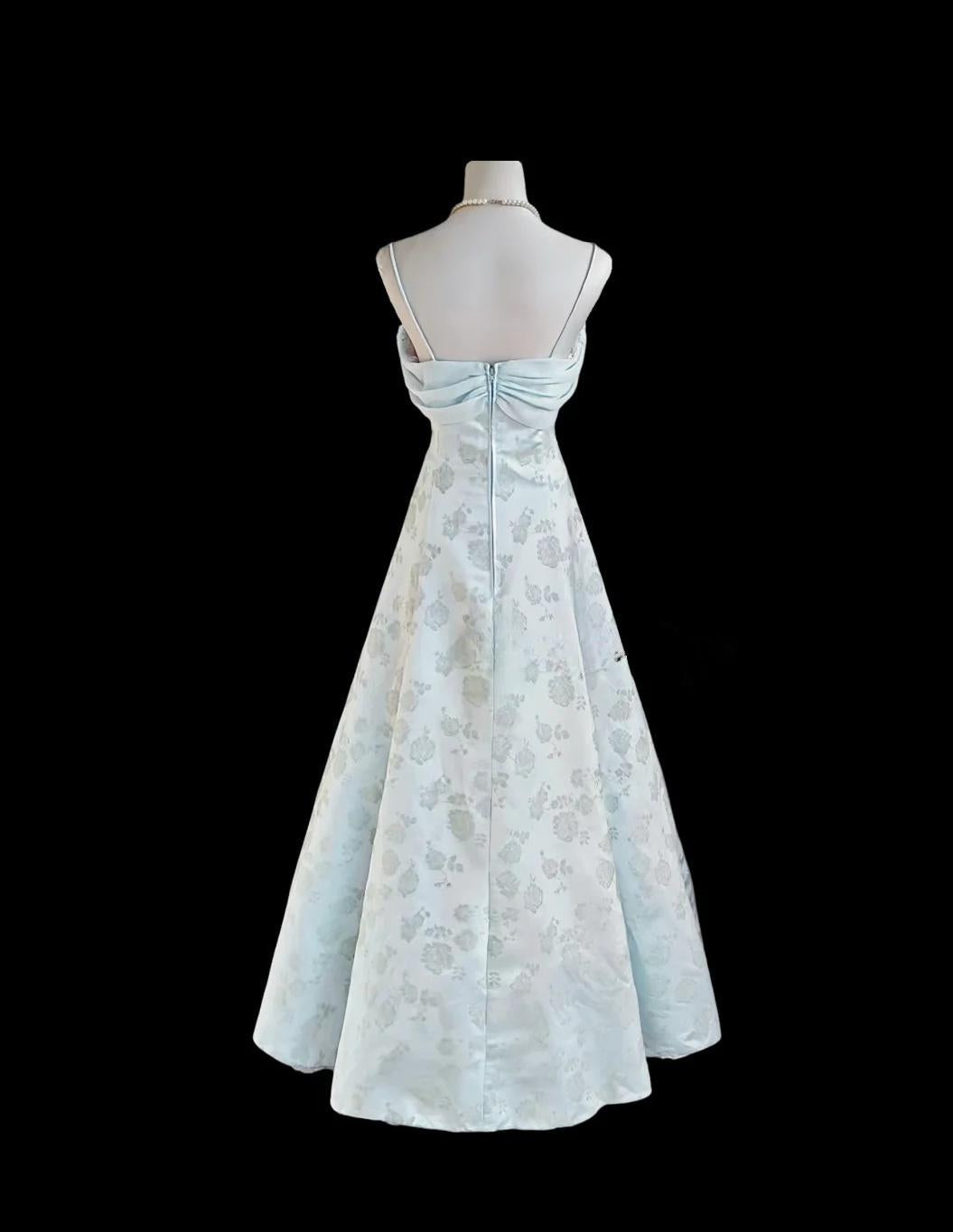 Gentle Blue A-Line Spaghetti Strap Satin Chiffon Long Prom Dress Birthday Dress Graduation Prom Dress