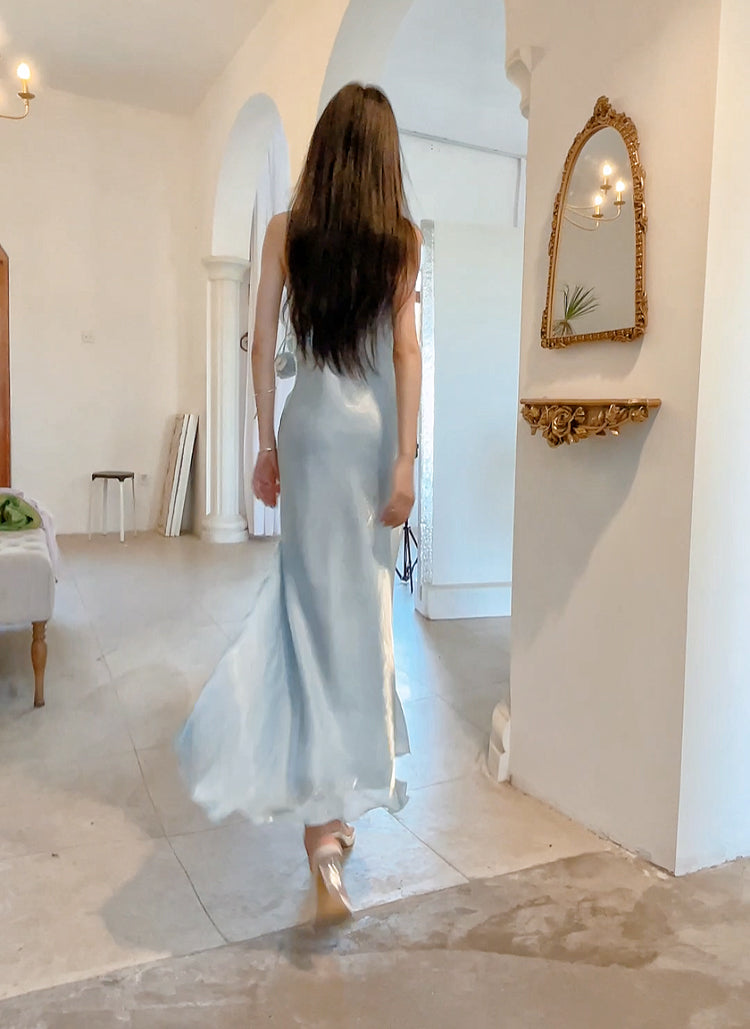 Gentle Blue Bodycon Dress Spaghetti Strap Chiffon Long Prom Dress Graduation Prom Dress