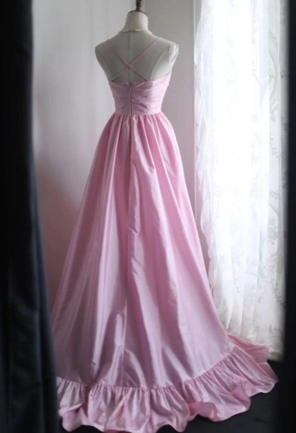 A-Line Spaghetti Strap Satin Long Wedding Dress Birthday Dress Prom Dress