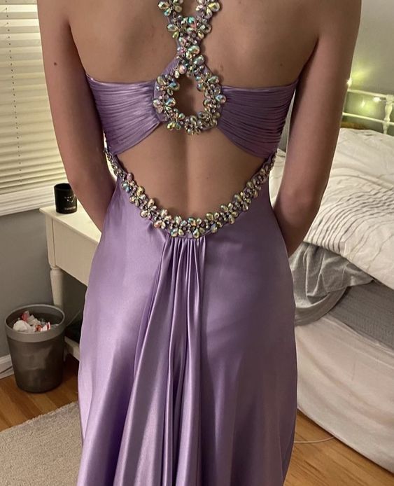 Gentle Purple Satin Beaded Backless Long Prom Dress for Pool Party&Birthday Sexy Evening Dresses