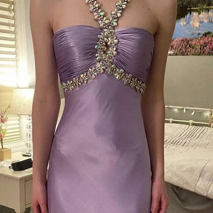 Gentle Purple Satin Beaded Backless Long Prom Dress for Pool Party&Birthday Sexy Evening Dresses