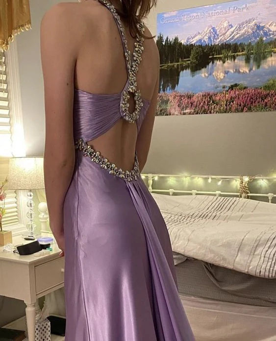 Gentle Purple Satin Beaded Backless Long Prom Dress for Pool Party&Birthday Sexy Evening Dresses