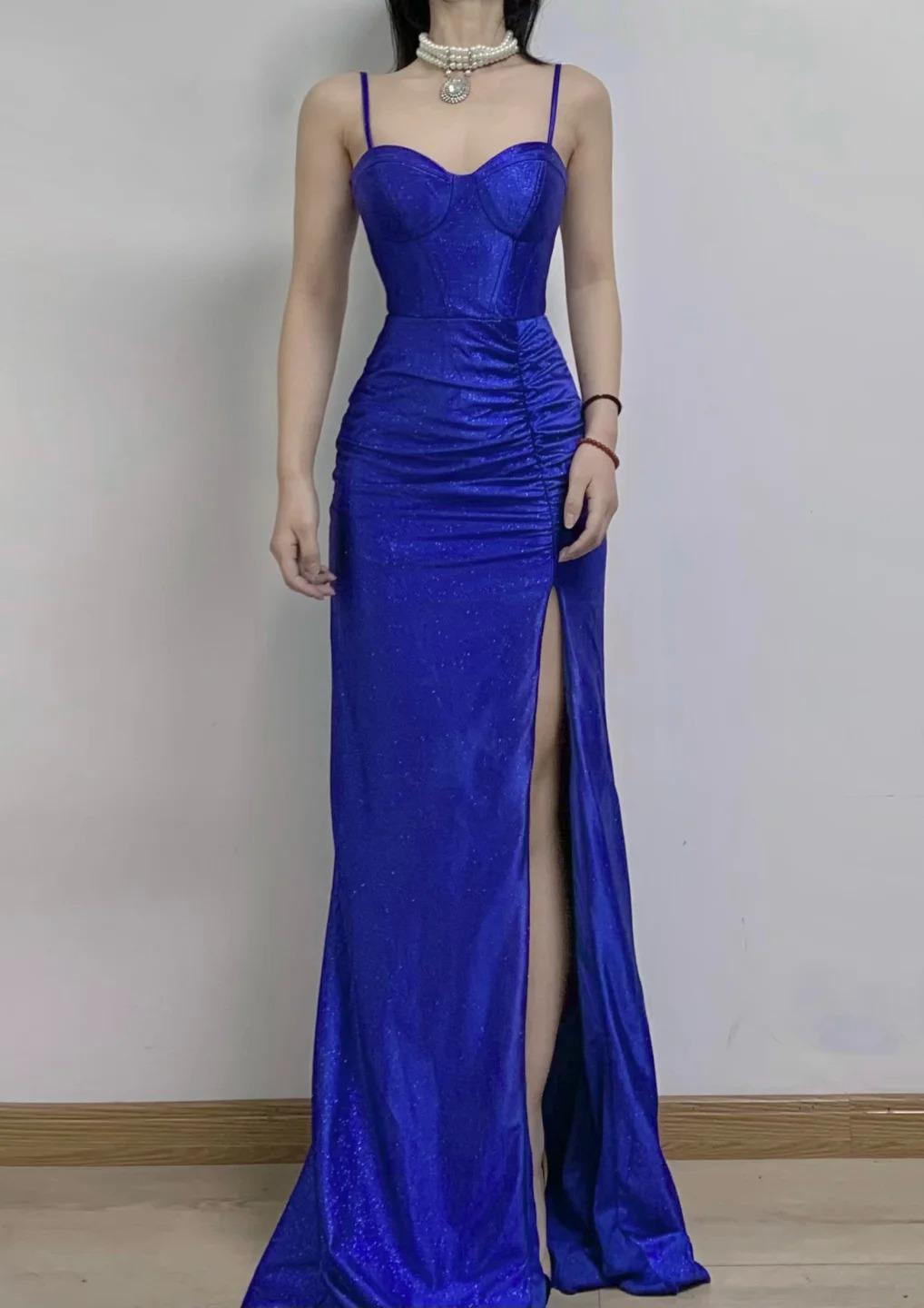 Elegant Spaghetti Straps Slit Long Prom Dress Charming Birthday Party Dress