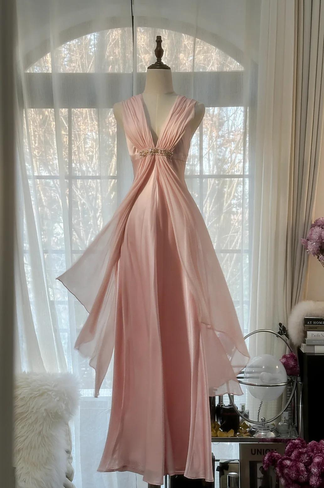 Gentle Pink Sheath Chiffon Ribbon V-neck Simple Prom Dress