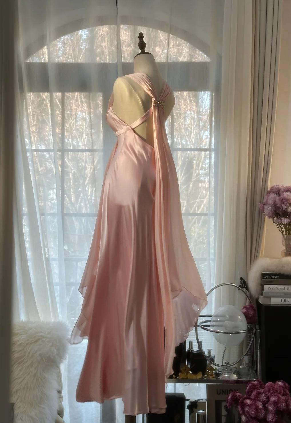 Gentle Pink Sheath Chiffon Ribbon V-neck Simple Prom Dress