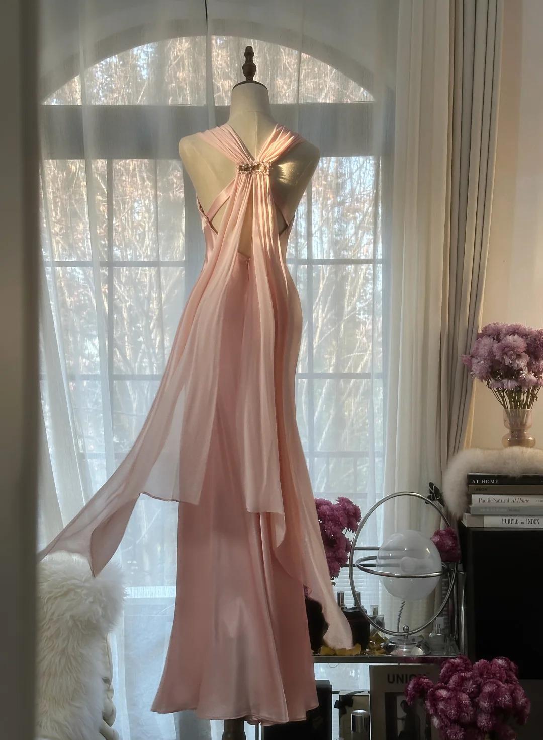 Gentle Pink Sheath Chiffon Ribbon V-neck Simple Prom Dress