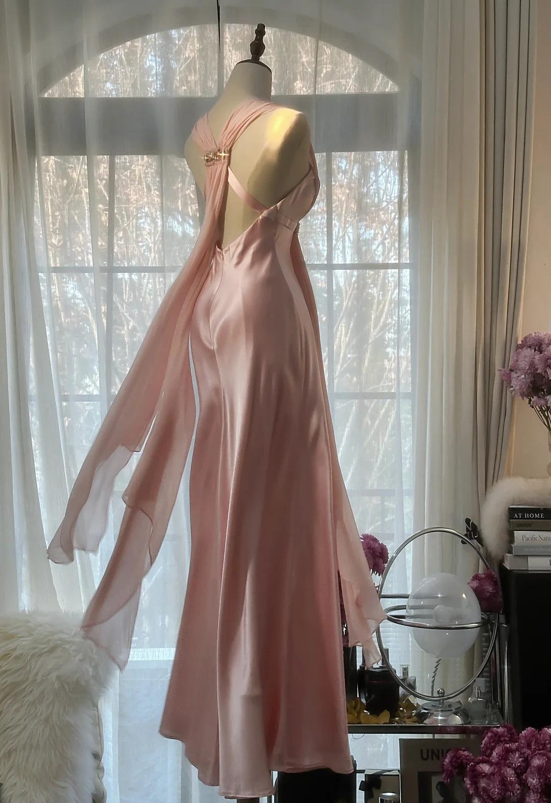 Gentle Pink Sheath Chiffon Ribbon V-neck Simple Prom Dress