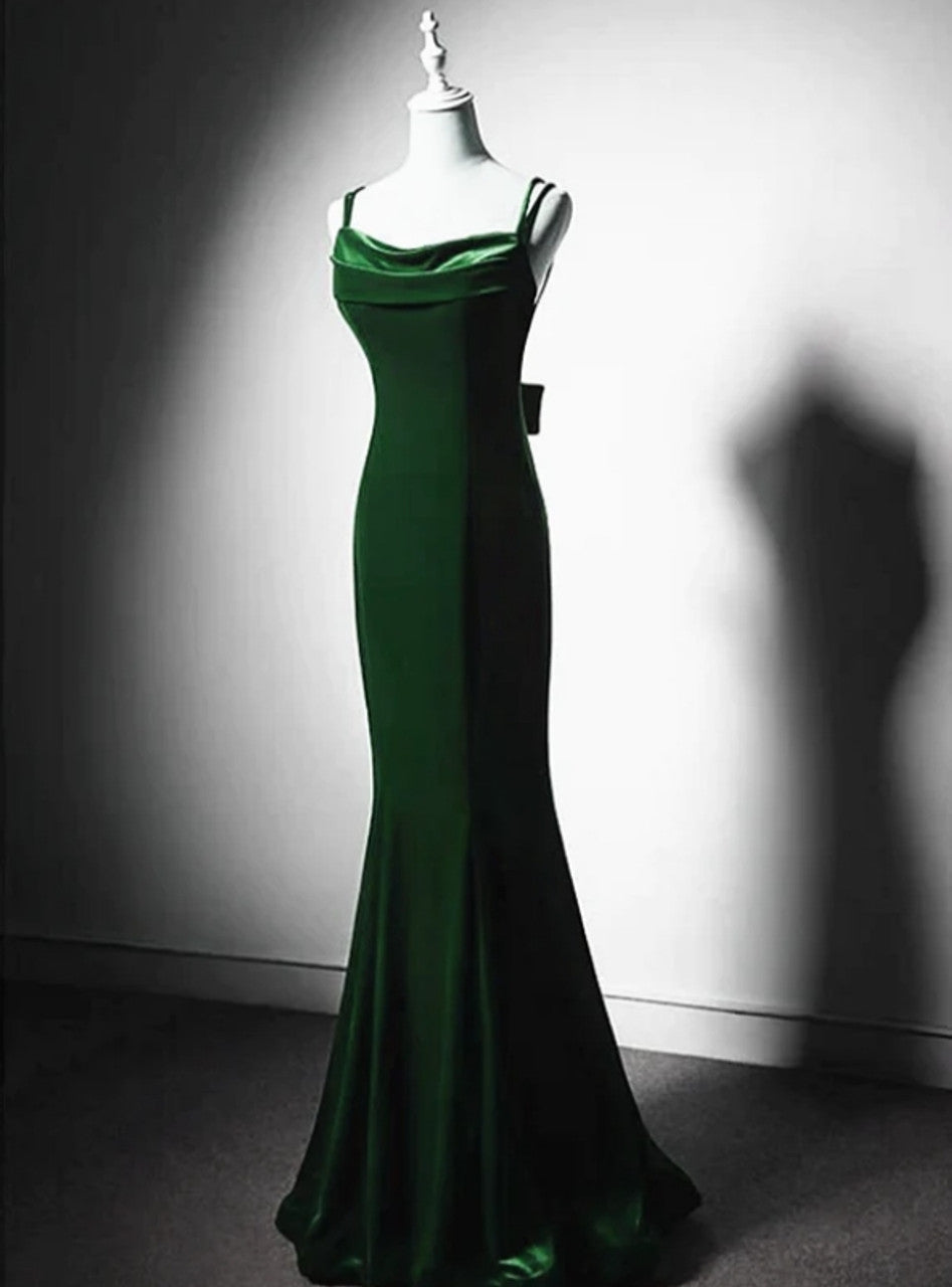 Dark Green Vintage Mermaid Velvet Spaghetti Straps Long Prom Dress